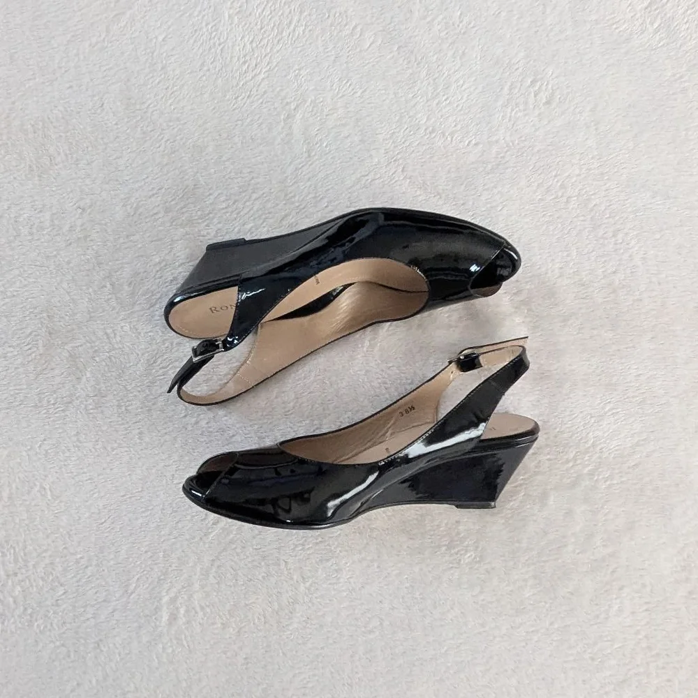 Ron White Black Patent Leather Slingback Wedge Heels Size 8